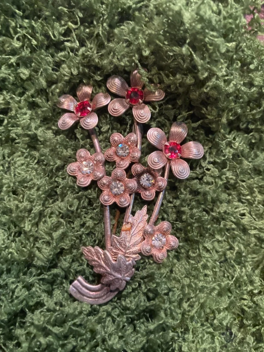 Vintage Rose Gold Over .925 Flower Brooch with Rhinestones